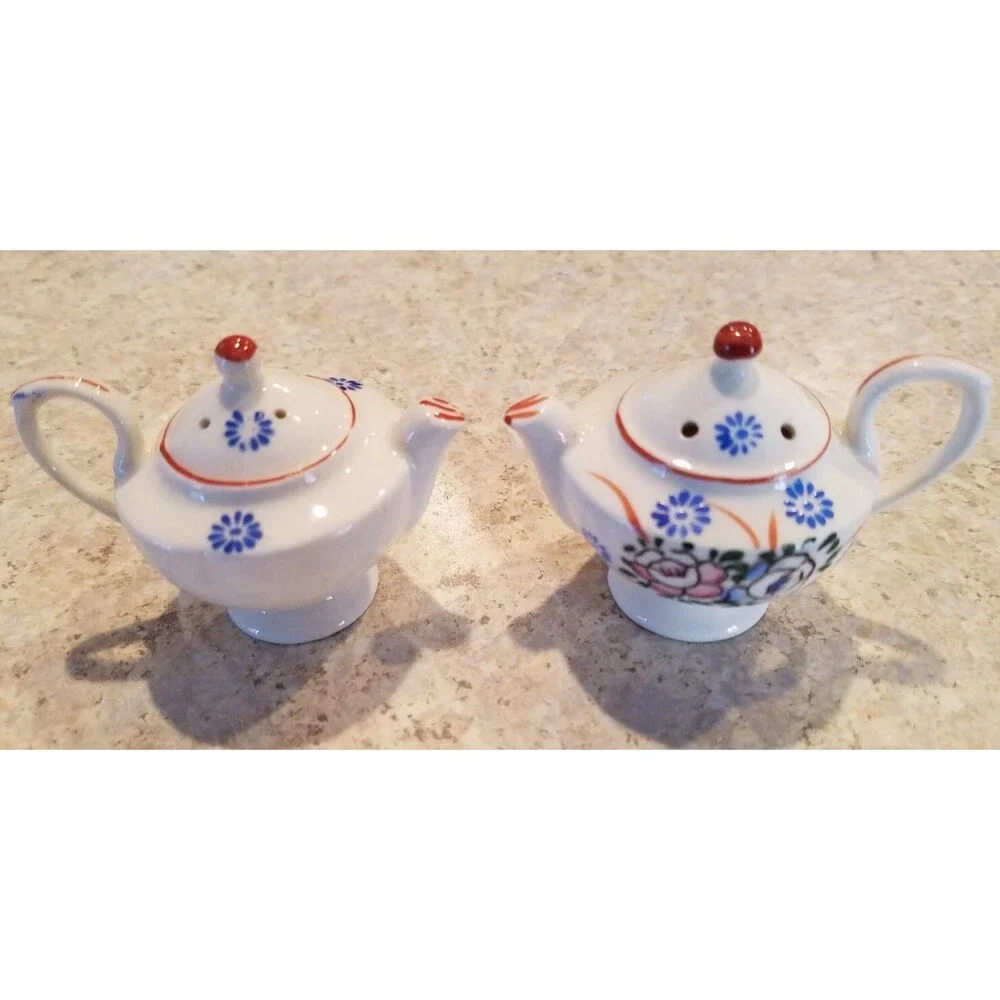 Vtg Teapot Salt and Pepper Shakers Blue & Pink Flowers floral Japan porcelain